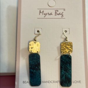 Gold and Blue Dangle Earrings with Textured Top